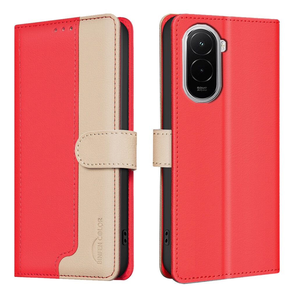 (Red) Binfen Color For Xiaomi Poco M7 4G (169Mm) Leather Case Splicing Color Rfid Blocking Wallet Stand Phone Cover Red 6914297778846