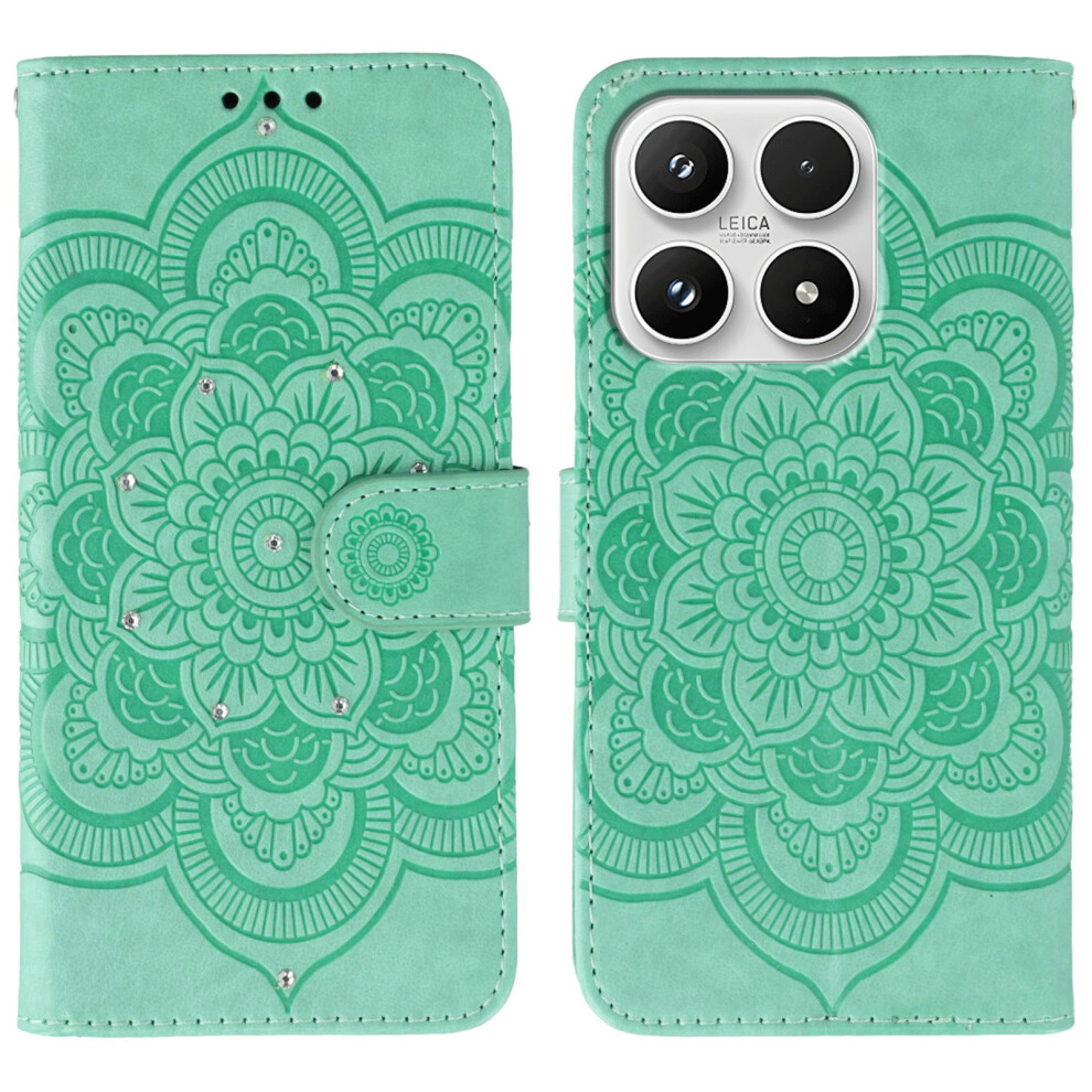 (Green) For Xiaomi 17 Case Rhinestone Decor Pu Leather Mandala Imprint Phone Cover With Wrist Strap Green 6914293012265