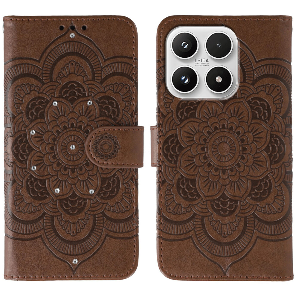 (Brown) For Xiaomi 17 Case Rhinestone Decor Pu Leather Mandala Imprint Phone Cover With Wrist Strap Brown 6914290774548