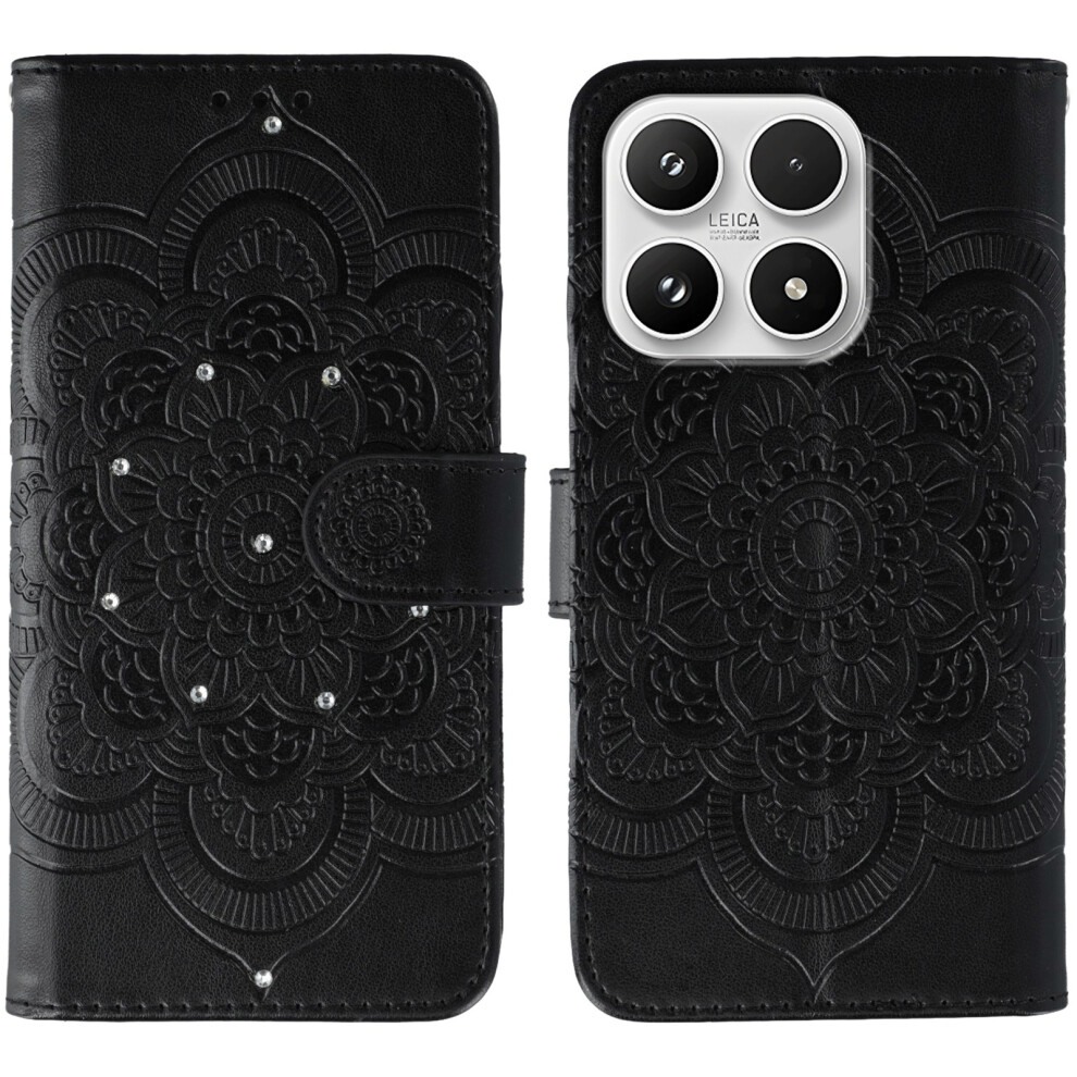 (Black) For Xiaomi 17 Case Rhinestone Decor Pu Leather Mandala Imprint Phone Cover With Wrist Strap Black 6914299019640