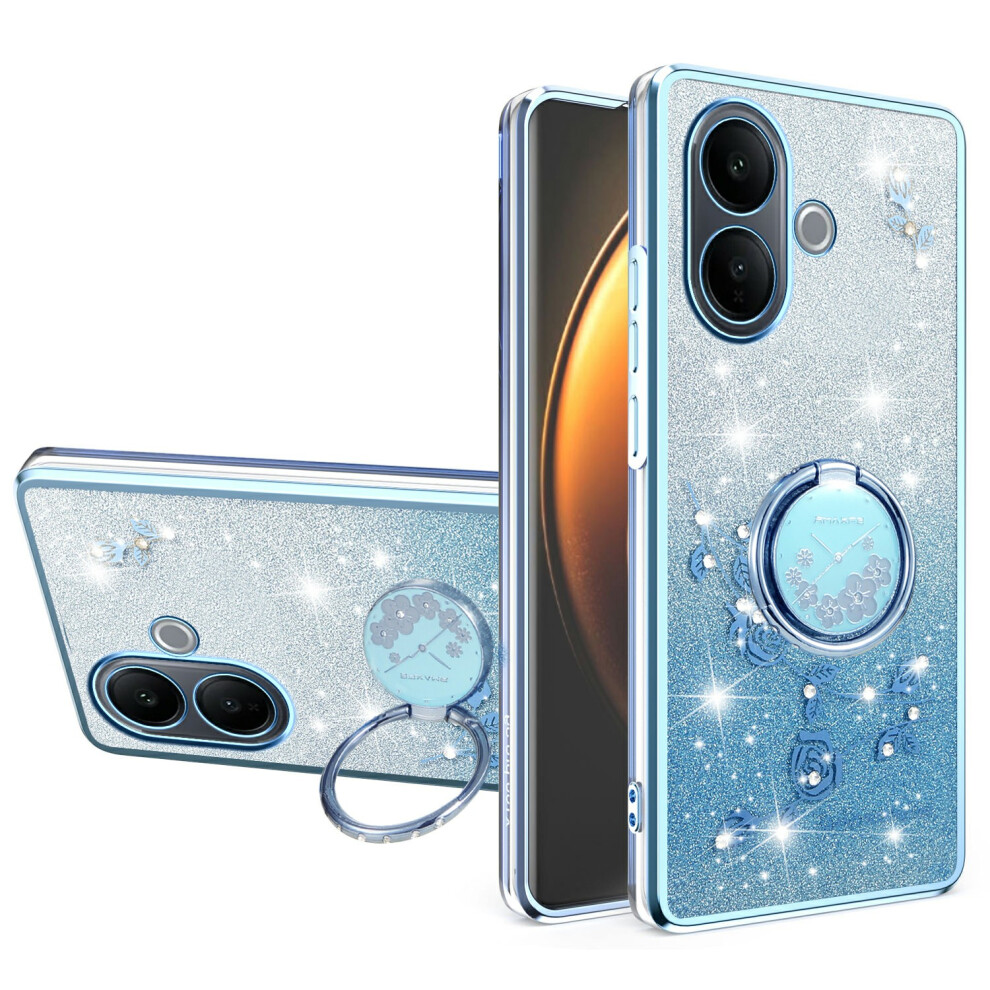 (Blue) Kadem For Vivo V60 Lite 4G / 5G Case Ring Kickstand Tpu Flowers Phone Cover Gradient Glitter Blue 6914297841861