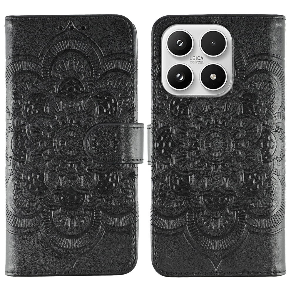 (Black) For Xiaomi 17 Case Pu Leather Mandala Imprinted Design Wallet Phone Cover With Wrist Strap Black 6914293805157