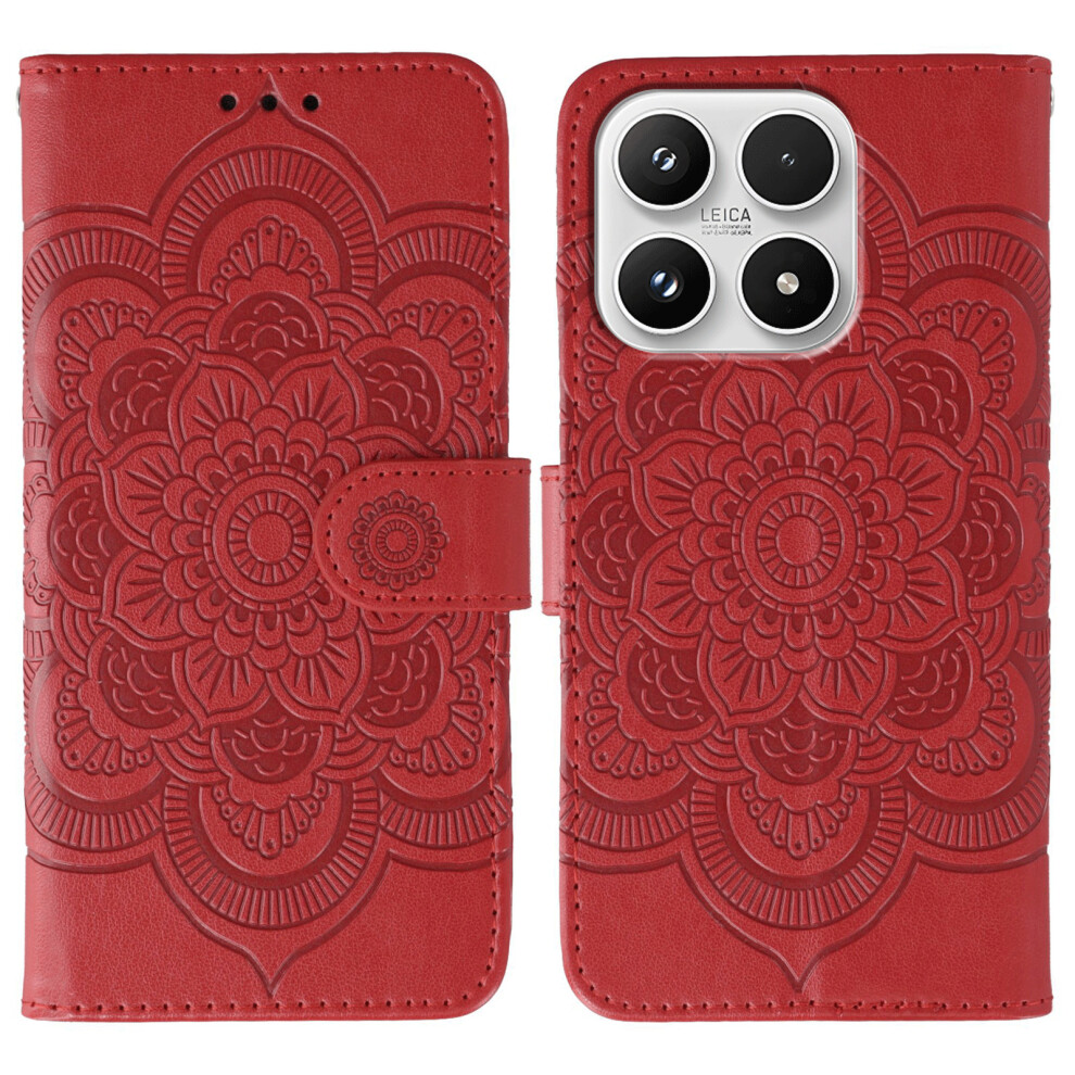(Red) For Xiaomi 17 Case Pu Leather Mandala Imprinted Design Wallet Phone Cover With Wrist Strap Red 6914290234905