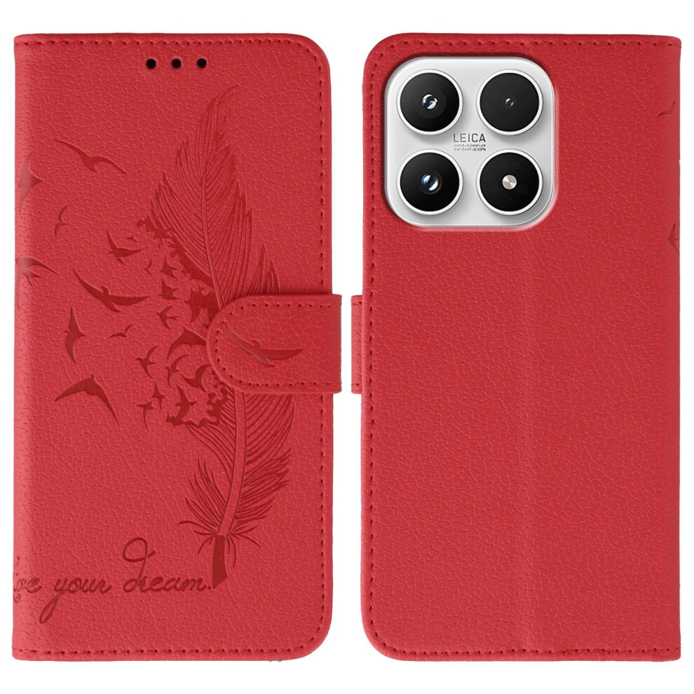(Red) For Xiaomi 17 Case Feather Imprint Pu Leather Wallet Phone Cover Red 6914299494386