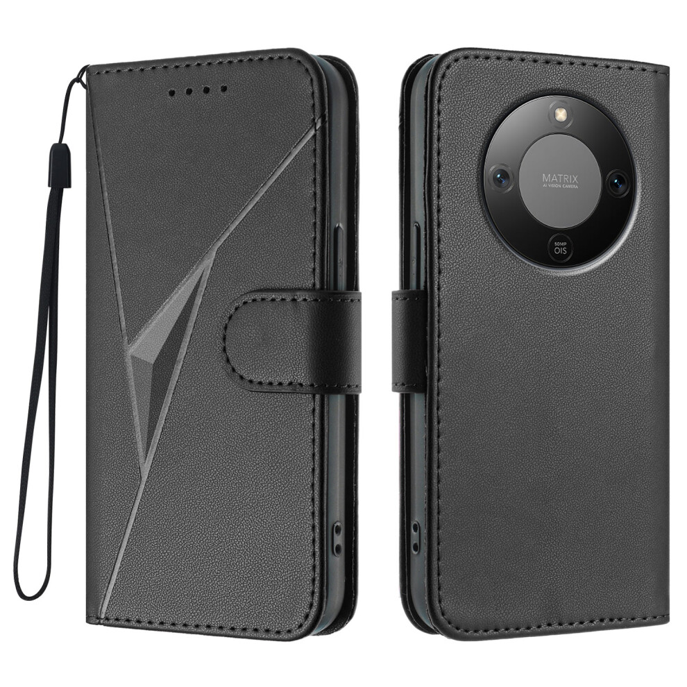 (Black) For Honor Magic8 Lite 5G / X9d 5G / X70 5G Case Triangle Imprint Leather Phone Cover With Lanyard Black 6914290666751