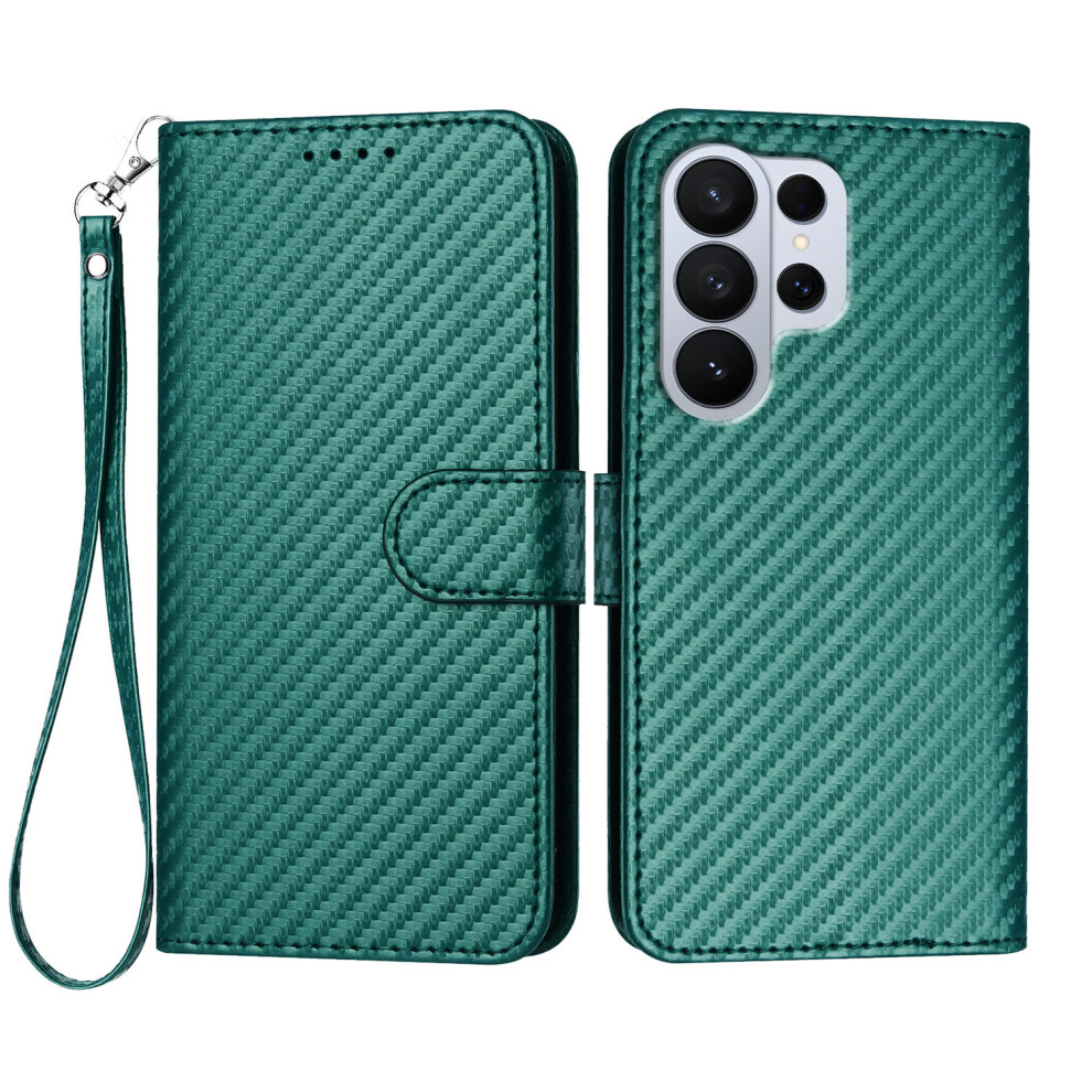 (Blackish ) For Samsung Galaxy S26 Ultra Wallet Case With Strap Carbon Fiber Texture Leather Mobile Cover Green 6914294213296