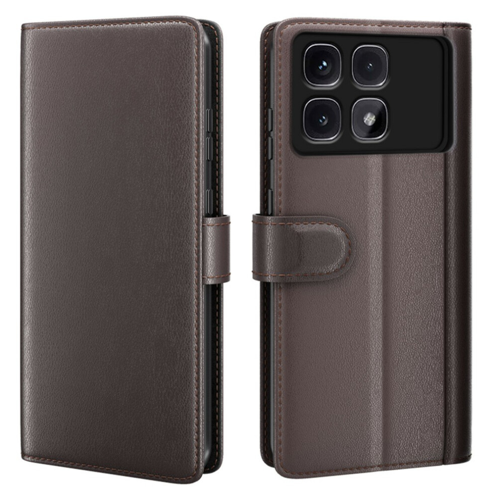 (Brown) Amorus For Xiaomi Redmi K70 Ultra Stand Cases Calf Texture Genuine Split Leather Wallet Phone Cover Brown 6914296717365