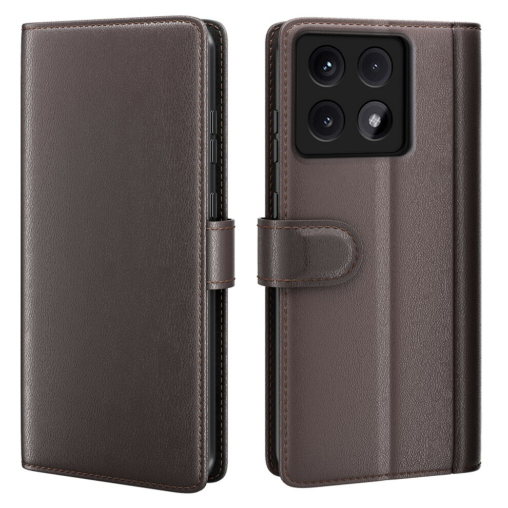 (Brown) Amorus For Xiaomi 14T Pro Stand Cases Calf Texture Genuine Split Leather Wallet Phone Cover Brown 6914293590404