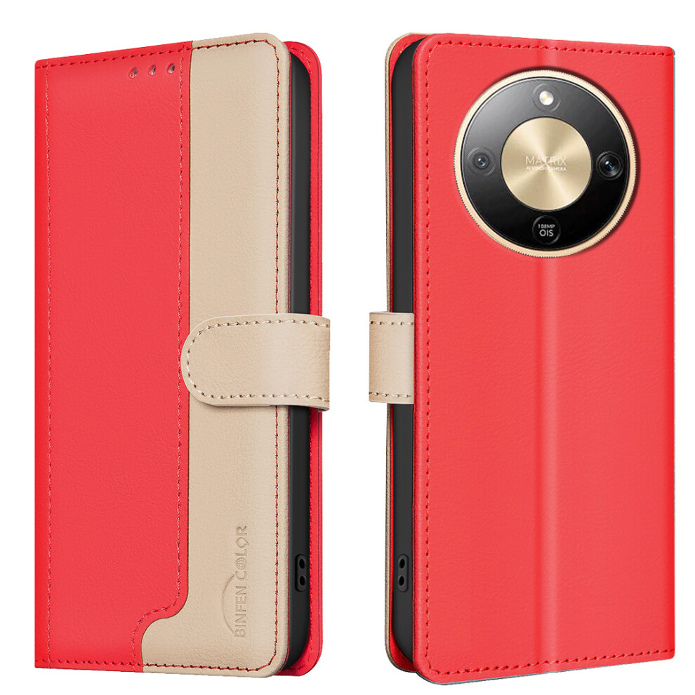 (Red) Binfen Color For Honor Magic8 Lite 5G / X9d 5G / X70 5G Leather Case Splicing Color Rfid Blocking Wallet Stand Phone Co Red 6914299995289