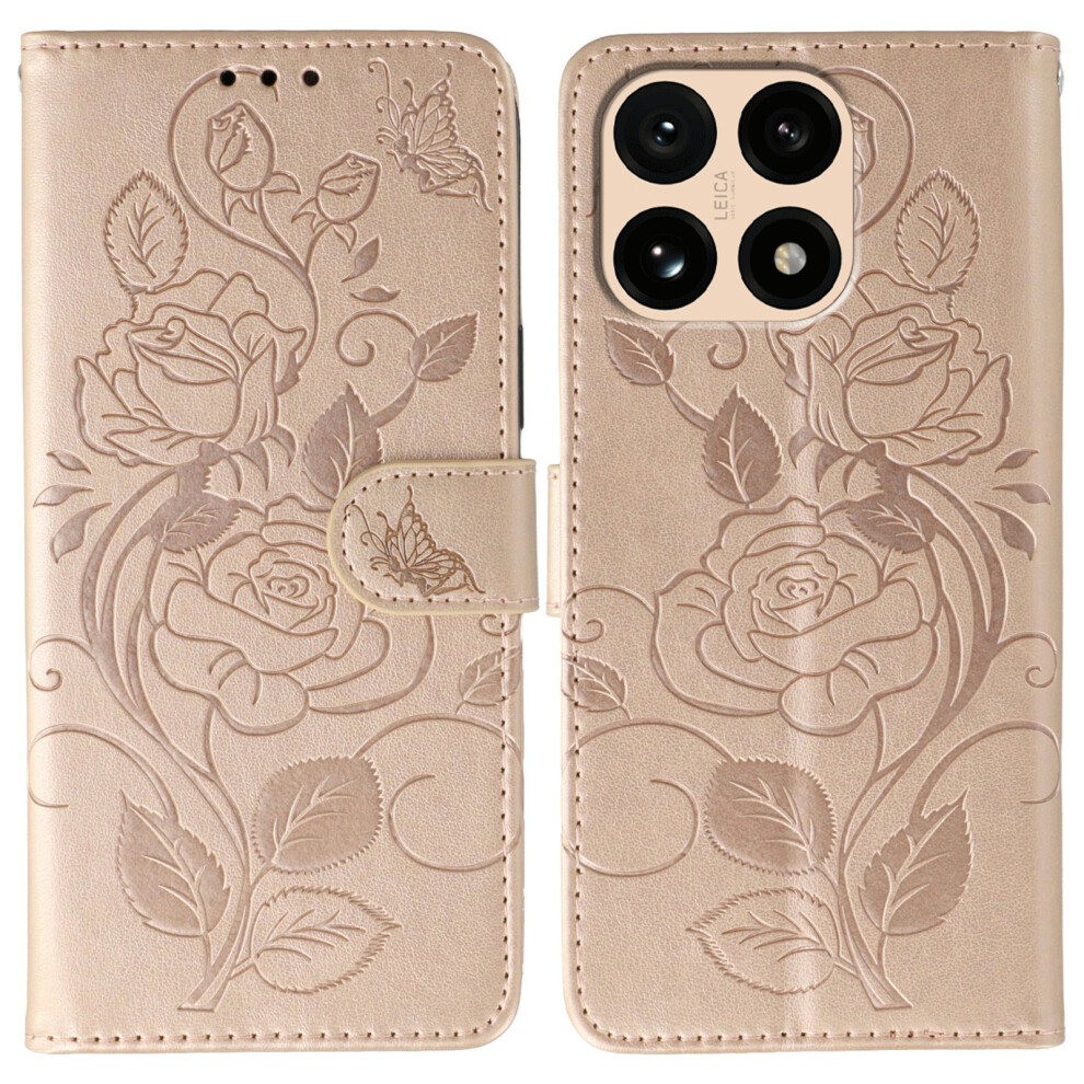 (Rose ) For Xiaomi 15T Case Wallet Stand Imprinted Rose Butterfly Pu Leather Phone Cover Gold 6914292481581
