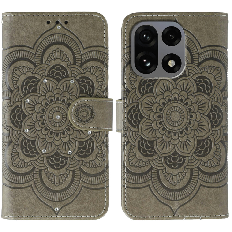 (Grey) For Oneplus 15 5G Case Rhinestone Decor Pu Leather Mandala Imprint Phone Cover With Wrist Strap Grey 6914297931777