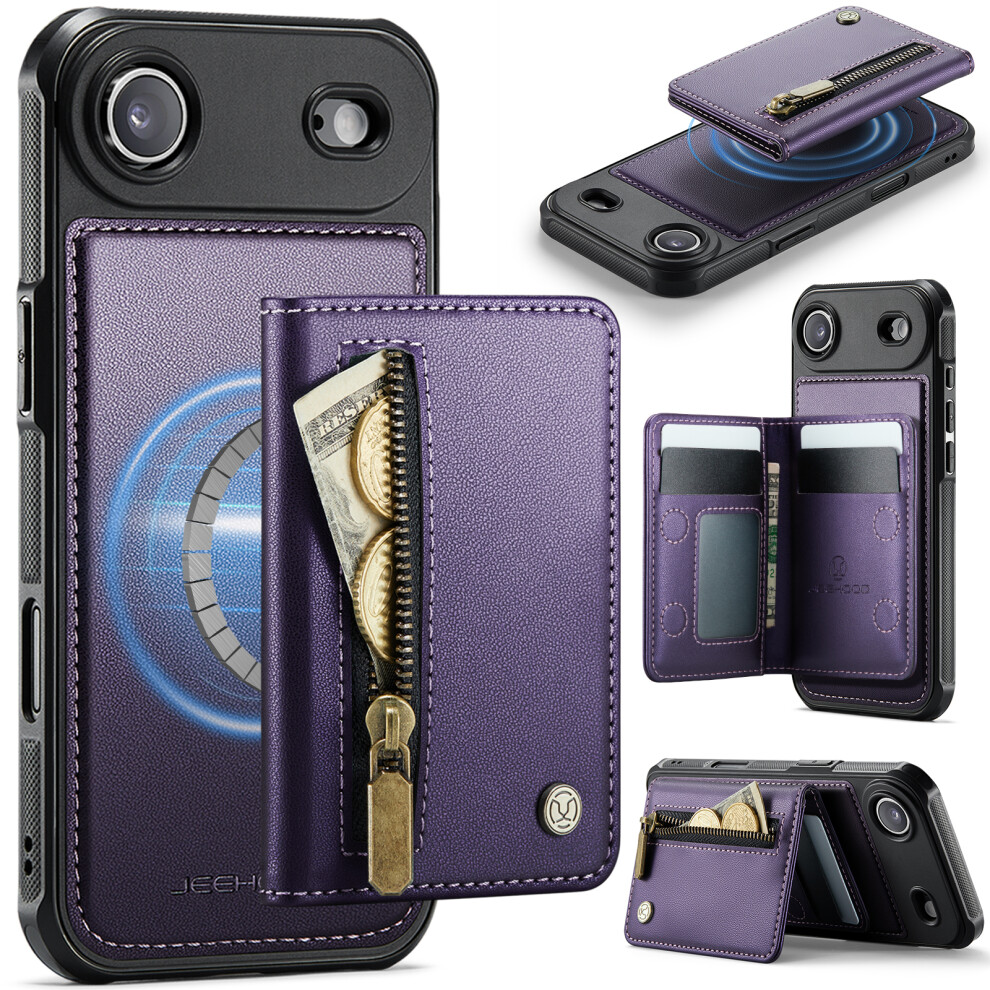 (Purple) Jeehood For Iphone Air Case J12 Magnetic Detachable Zipper Wallet Kickstand Leather Back Cover Compatible With Magsafe Purple 6914298682210