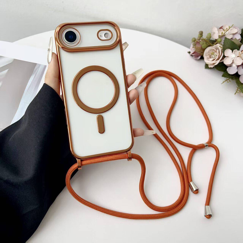 (Orange) For Iphone Air Case Compatible With Magsafe Electroplating Edge Tpu Phone Cover With Shoulder Strap Orange 6914292913334