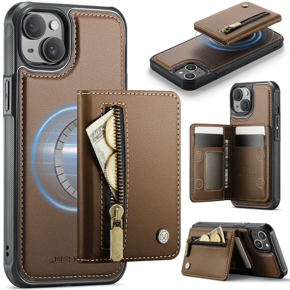 (Brown) Jeehood For Iphone 15 Case J12 Magnetic Detachable Zipper Wallet Kickstand Leather Back Cover Compatible With Magsafe Brown 6914293245601