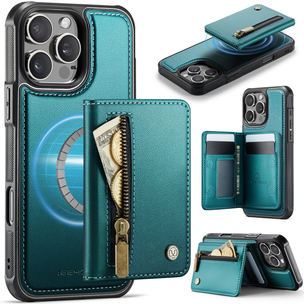(Blue) Jeehood For Iphone 16 Pro Case J12 Magnetic Detachable Zipper Wallet Kickstand Leather Back Cover Compatible With Mags Blue 6914294516687