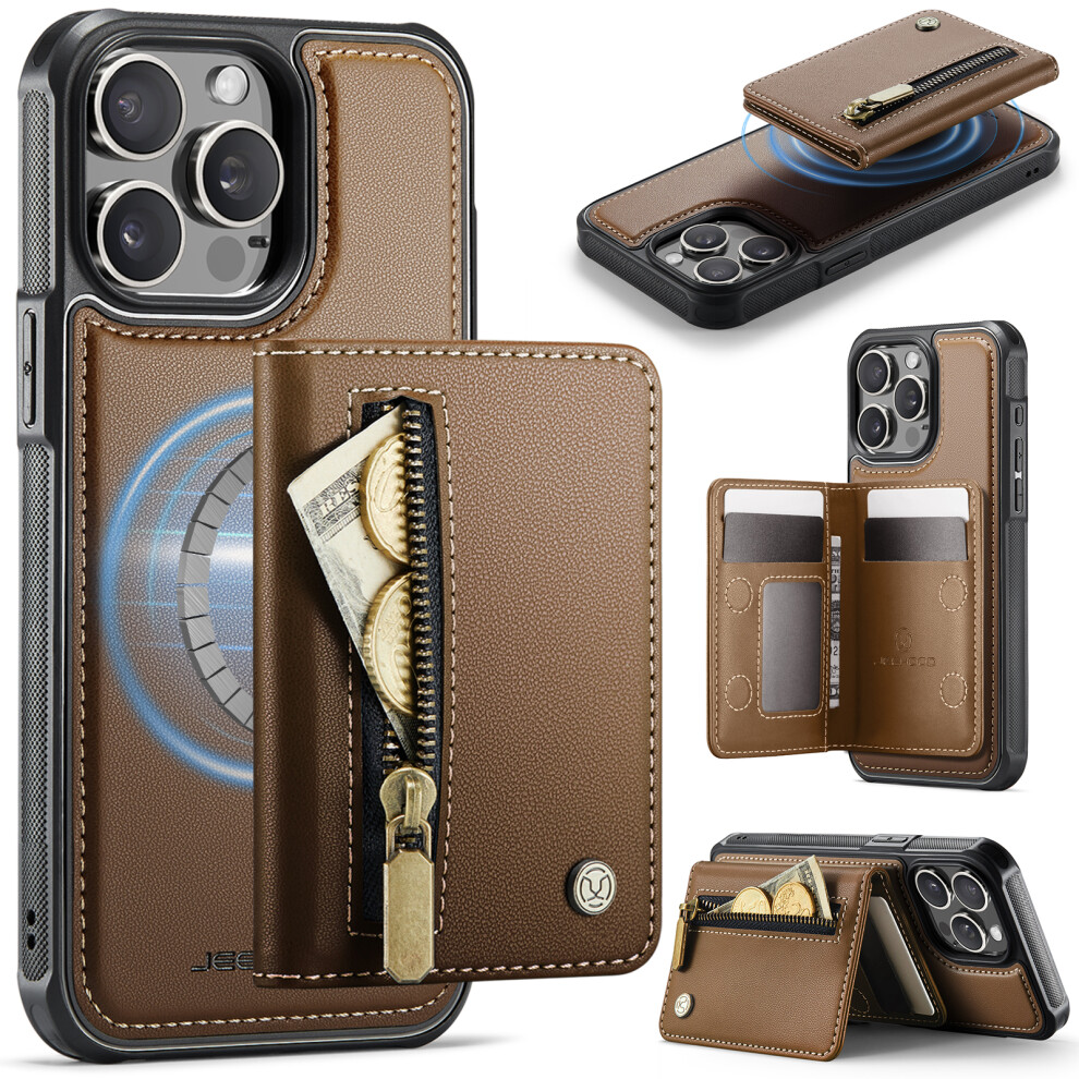 (Brown) Jeehood For Iphone 14 Pro Case J12 Magnetic Detachable Zipper Wallet Kickstand Leather Back Cover Compatible With Mags Brown 6914299308881