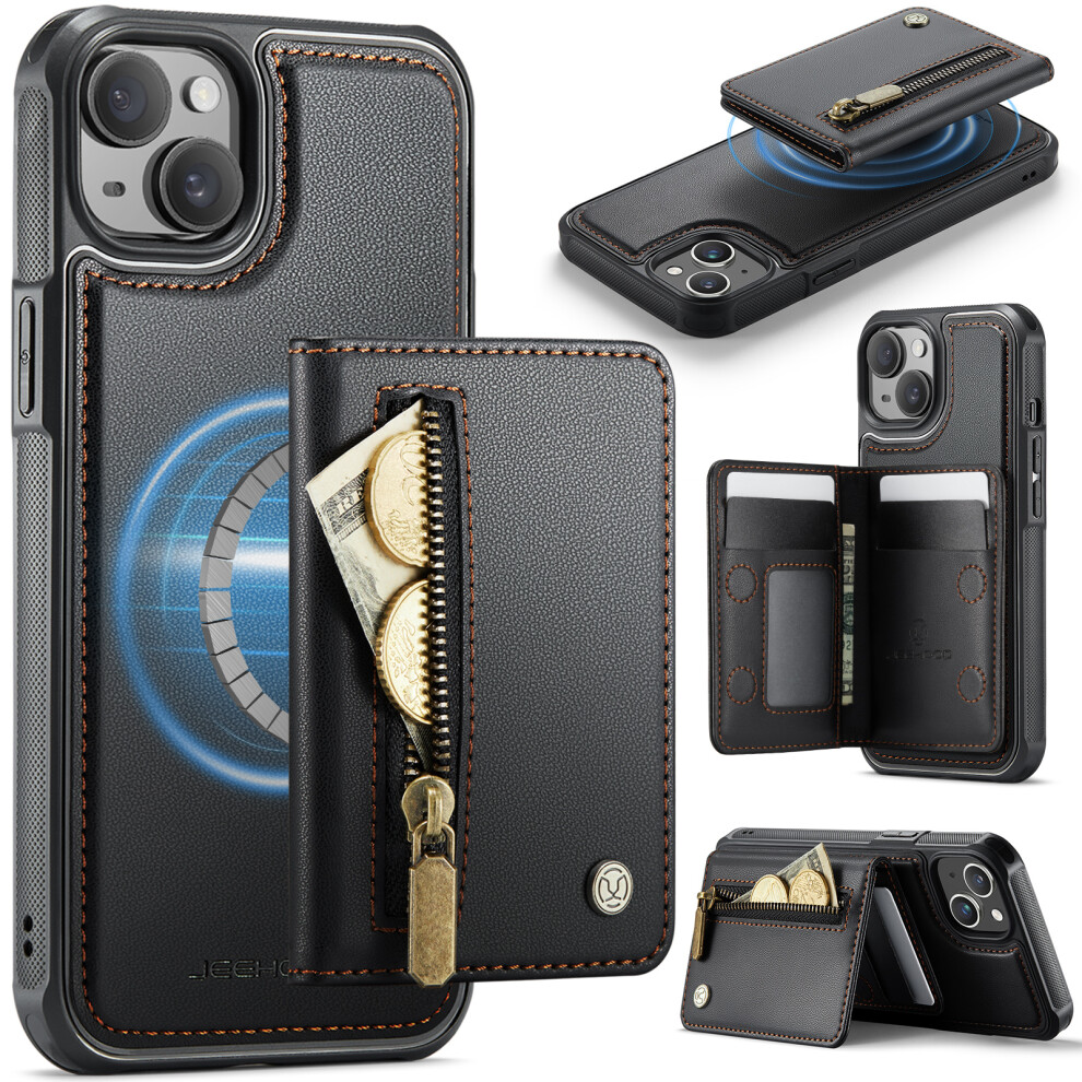 (Black) Jeehood For Iphone 14 Case J12 Magnetic Detachable Zipper Wallet Kickstand Leather Back Cover Compatible With Magsafe Black 6914292431357