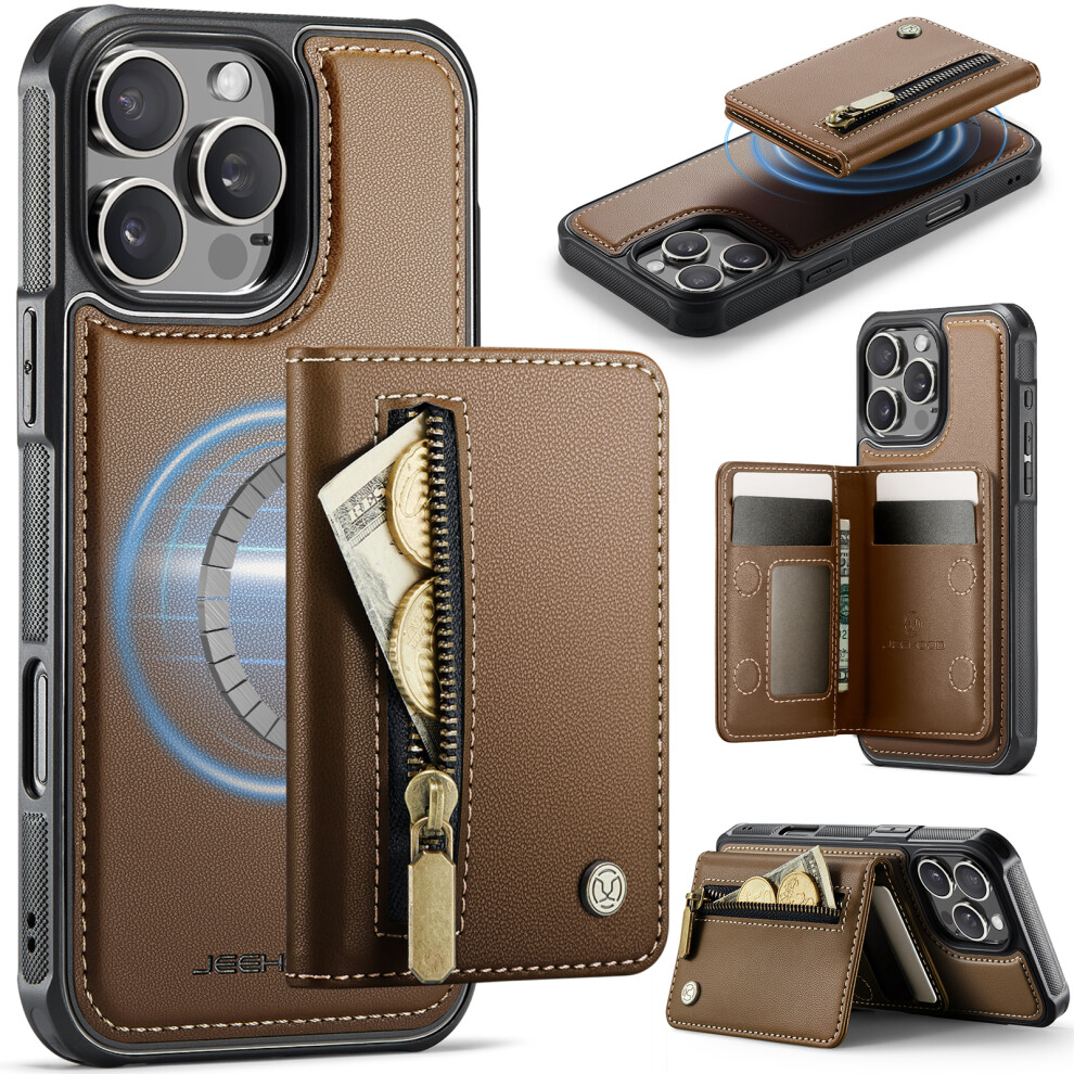 (Brown) Jeehood For Iphone 16 Pro Case J12 Magnetic Detachable Zipper Wallet Kickstand Leather Back Cover Compatible With Mags Brown 6914298950975