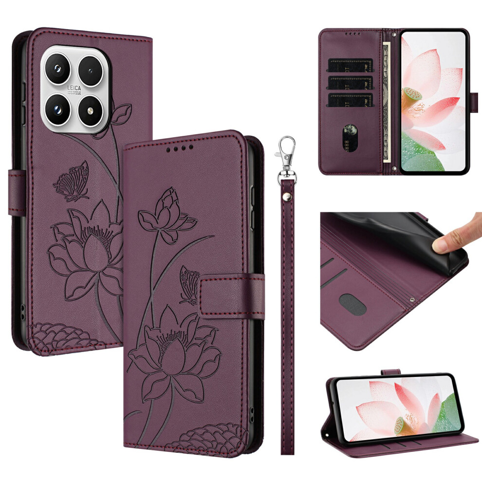 (Wine ) For Xiaomi 17 Case Wallet Stand Lotus Imprint Leather Phone Cover With Wrist Strap Red 6914291906726