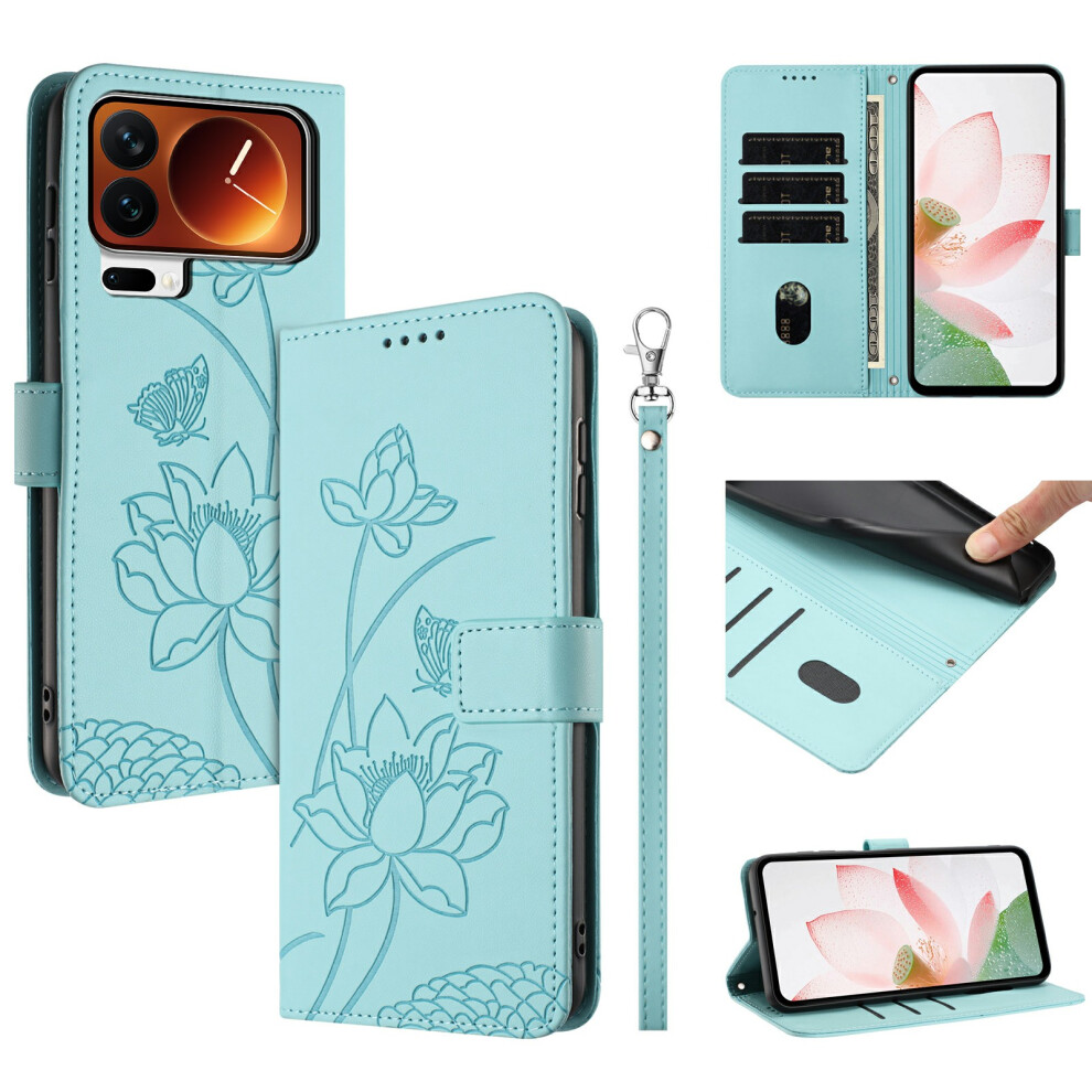 (Green) For Xiaomi 17 Pro Case Wallet Stand Lotus Imprint Leather Phone Cover With Wrist Strap Green 6914292186851