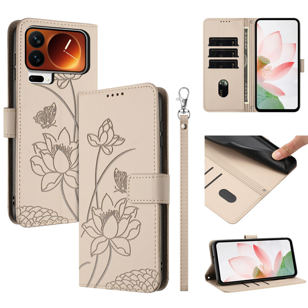 (Beige) For Xiaomi 17 Pro Case Wallet Stand Lotus Imprint Leather Phone Cover With Wrist Strap Cream 6914294300002