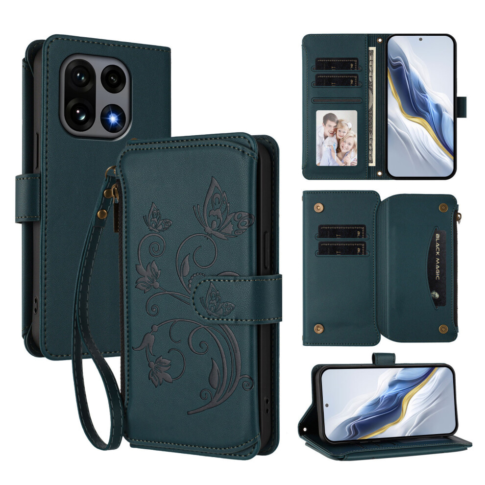 (Green) For Oneplus 15 5G Leather Case Butterfly Floral Imprint Zipper Wallet Stand Cover With Wrist Strap Green 6914291383589