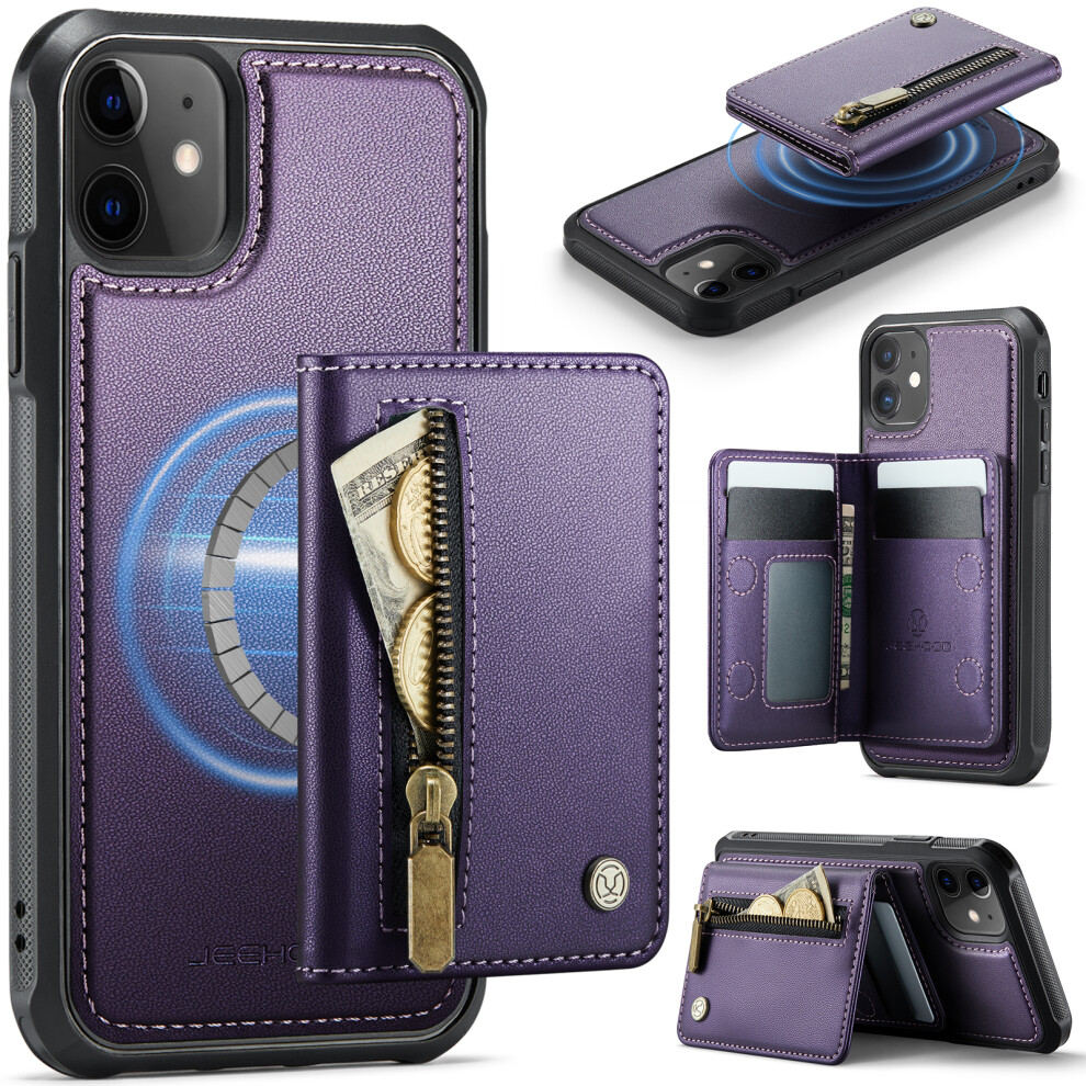 (Purple) Jeehood For Iphone 11 Case J12 Magnetic Detachable Zipper Wallet Kickstand Leather Back Cover Compatible With Magsafe Purple 6914291717537