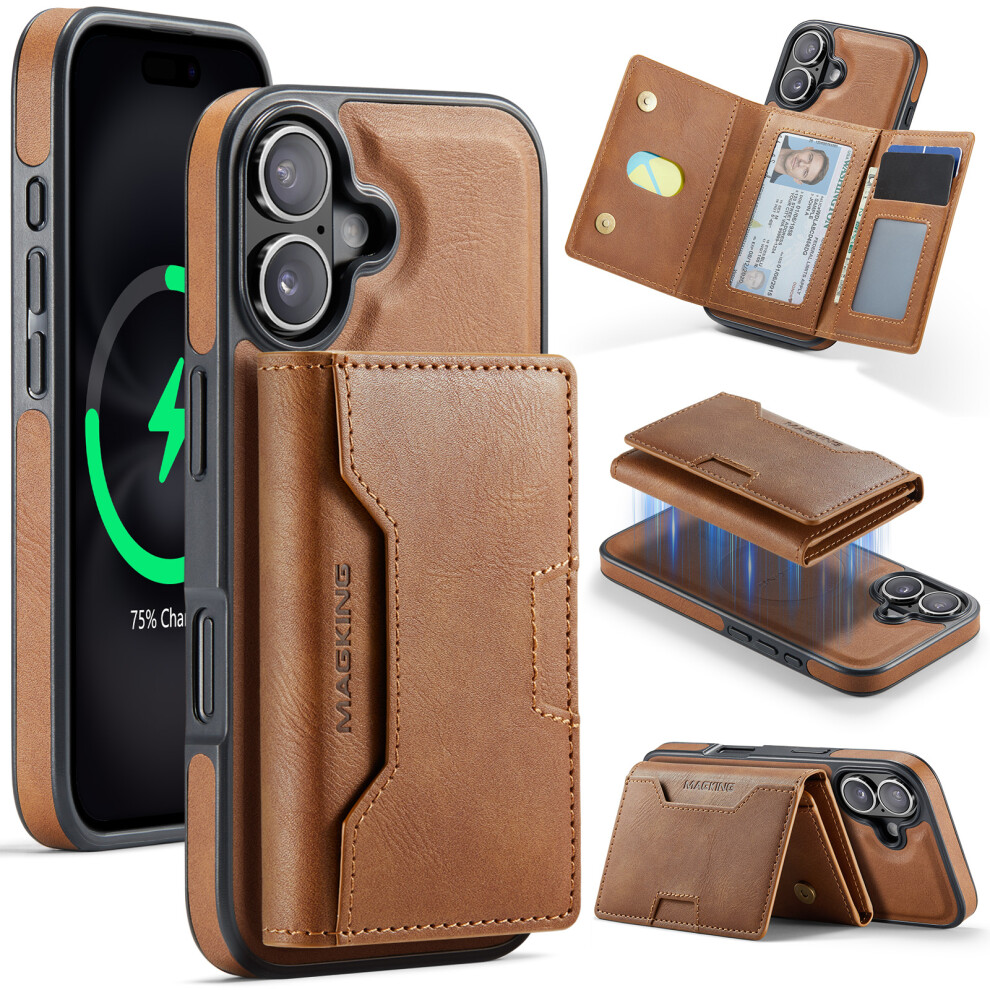 (Brown) Magking K4 Series For Iphone 17 Case Compatible With Magsafe Detachable Wallet Pu Tpu Pc Phone Cover Brown 6914299315957