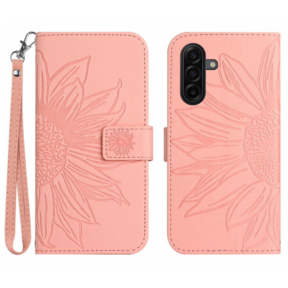 (Pink) For Samsung Galaxy S26 Case Sunflower Imprint Leather Wallet Phone Cover With Wrist Strap Pink 6914299580607
