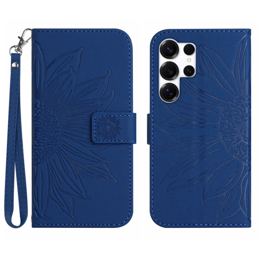 (Sapphire) For Samsung Galaxy S26 Ultra Case Sunflower Imprint Leather Wallet Phone Cover With Wrist Strap Blue 6914290626366