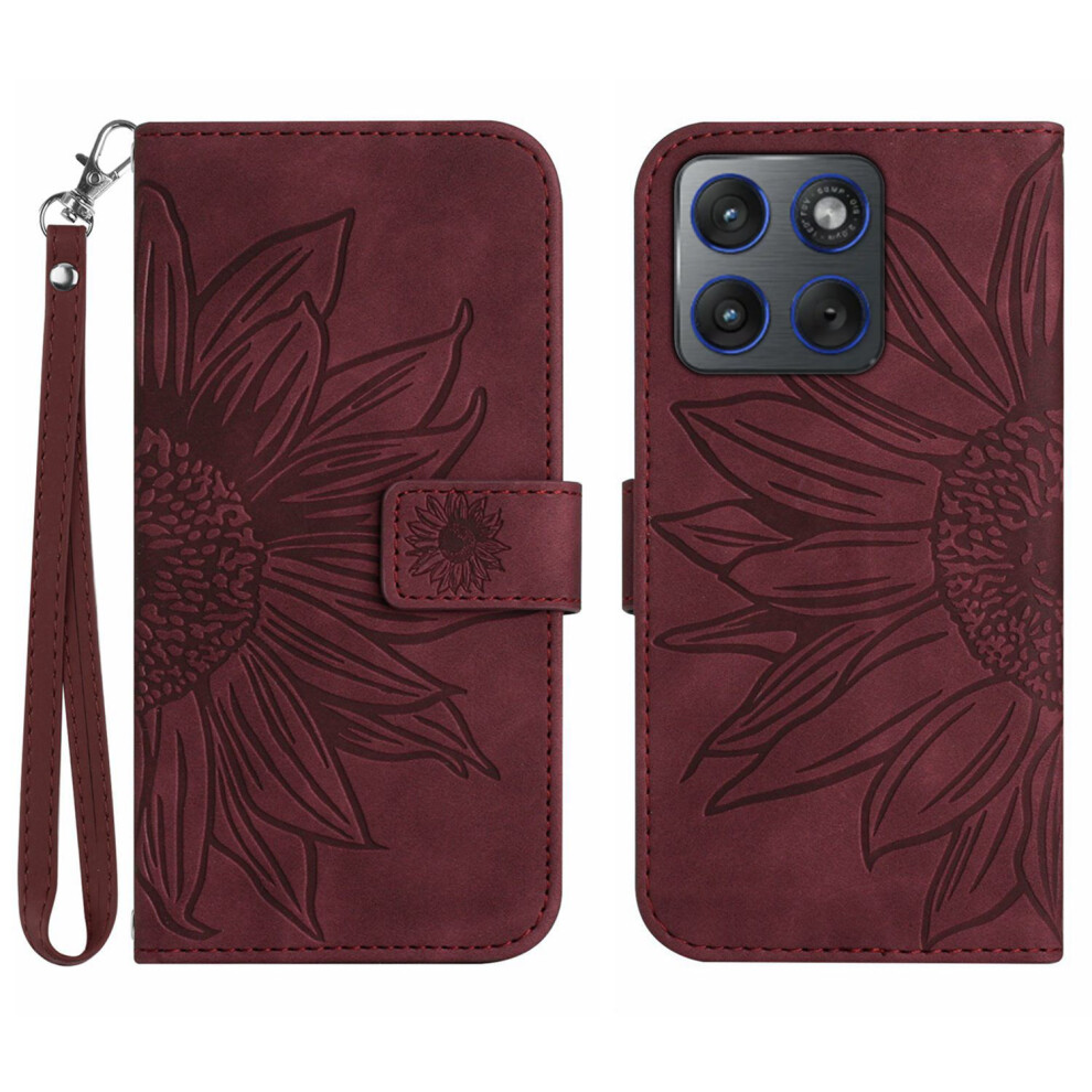 (Wine ) For Motorola Edge 70 5G Case Sunflower Imprint Leather Wallet Phone Cover With Wrist Strap Red 6914295250252