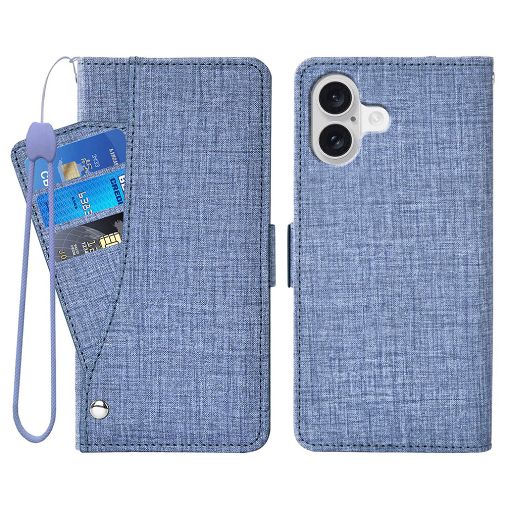 (Blue) For Iphone 17 Case Jean Cloth Texture Pu Leather Wallet Phone Cover With Rotating Card Slots Blue 6914295912372