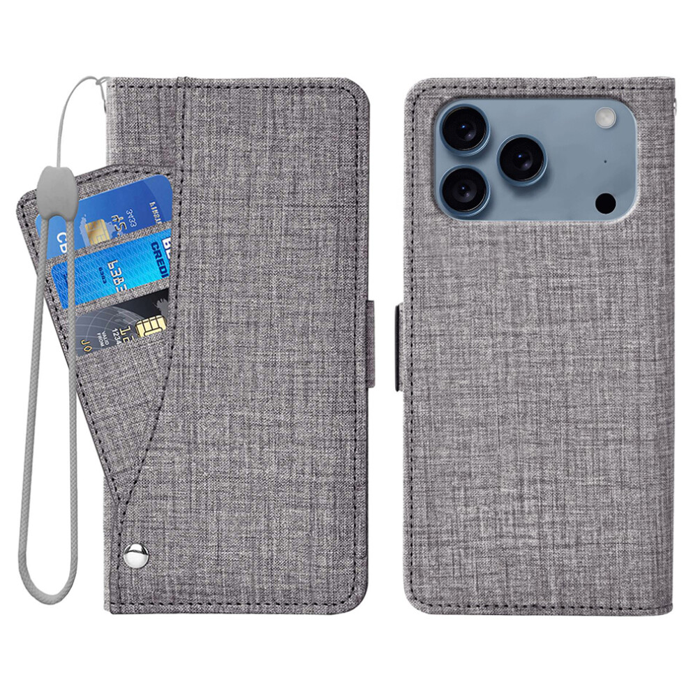 (Grey) For Iphone 17 Pro Case Jean Cloth Texture Pu Leather Wallet Phone Cover With Rotating Card Slots Grey 6914293612014