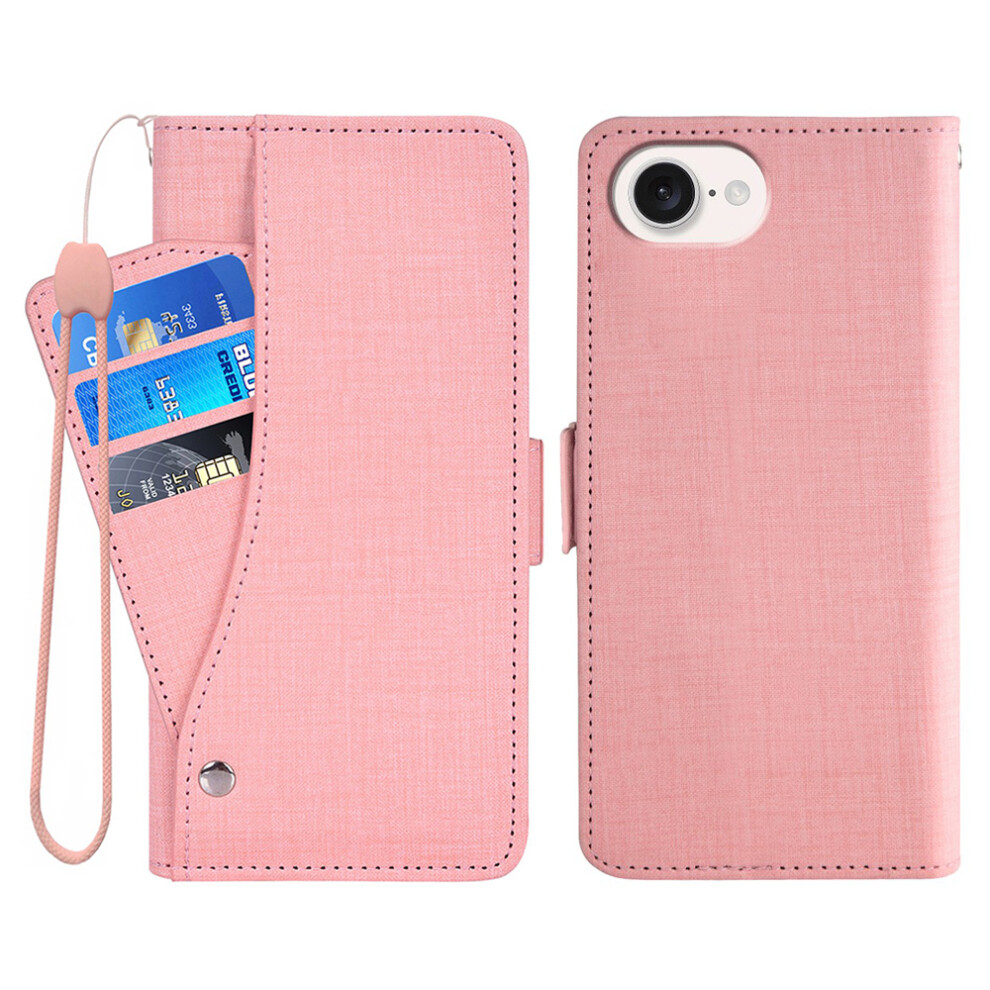 (Pink) For Iphone 17E / 16E Case Jean Cloth Texture Pu Leather Wallet Phone Cover With Rotating Card Slots Pink 6914294849426