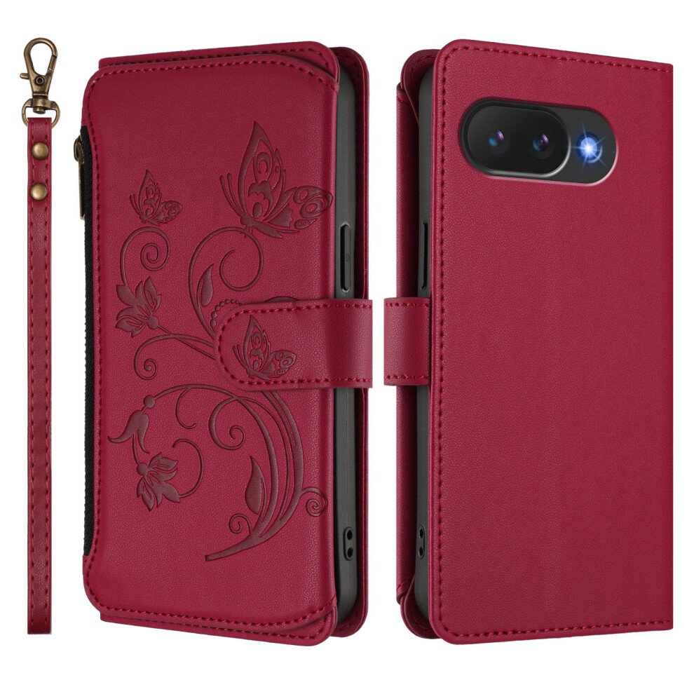 (Wine ) For Google Pixel 10A Leather Case Butterfly Floral Imprint Zipper Wallet Stand Cover With Wrist Strap Red 6914299055419