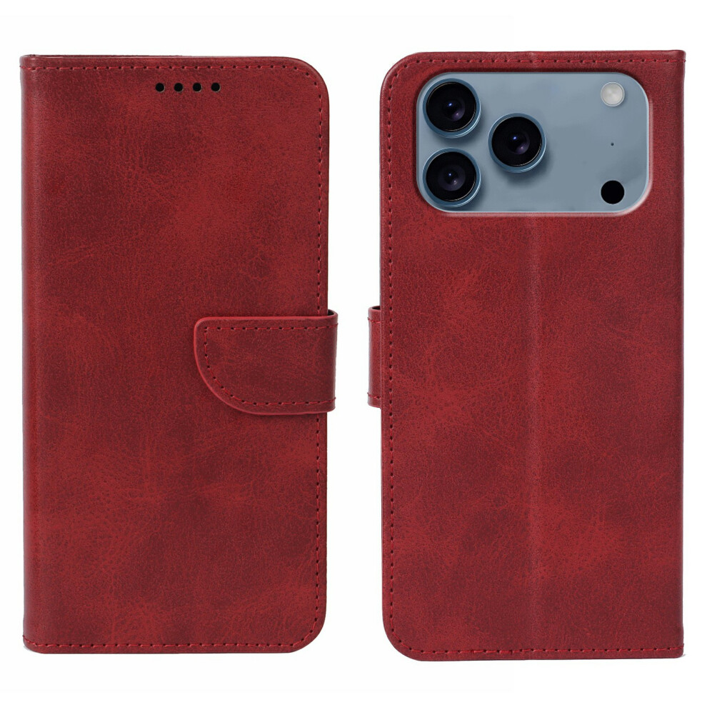 (Red) For Iphone 17 Pro Case Wallet Stand Magnetic Clasp Closure Calf Texture Leather Phone Cover Red 6914290007486