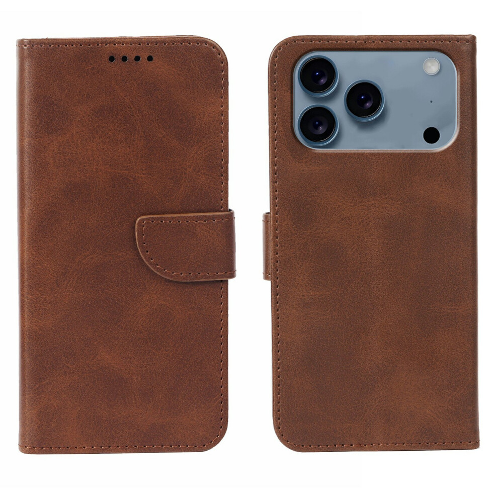 (Brown) For Iphone 17 Pro Case Wallet Stand Magnetic Clasp Closure Calf Texture Leather Phone Cover Brown 6914295920896