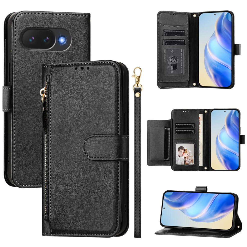 (Black) For Google Pixel 10A Case Zipper Pocket Multiple Card Slots Leather Phone Cover Black 6914297668864