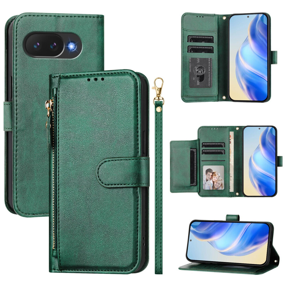 (Green) For Google Pixel 10A Case Zipper Pocket Multiple Card Slots Leather Phone Cover Green 6914292294020