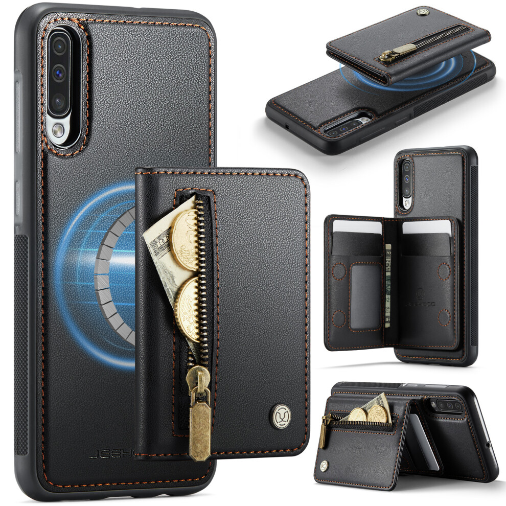 (Black) Jeehood For Samsung Galaxy A50 Case J12 Magnetic Detachable Zipper Wallet Kickstand Leather Back Cover Magnetic Case Black 6914293604866