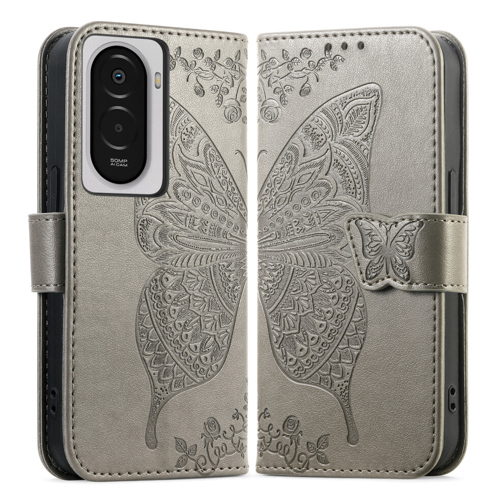 (Grey) For Xiaomi Poco M7 5G Case With Strap Butterfly Pattern Pu Leather Wallet Phone Cover Grey 6914299173113