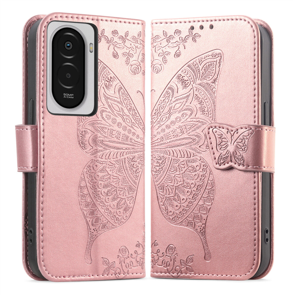 (Rose ) For Xiaomi Poco M7 5G Case With Strap Butterfly Pattern Pu Leather Wallet Phone Cover Gold 6914294659247