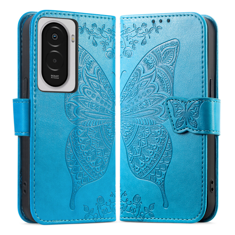 (Blue) For Xiaomi Poco M7 5G Case With Strap Butterfly Pattern Pu Leather Wallet Phone Cover Blue 6914297972961