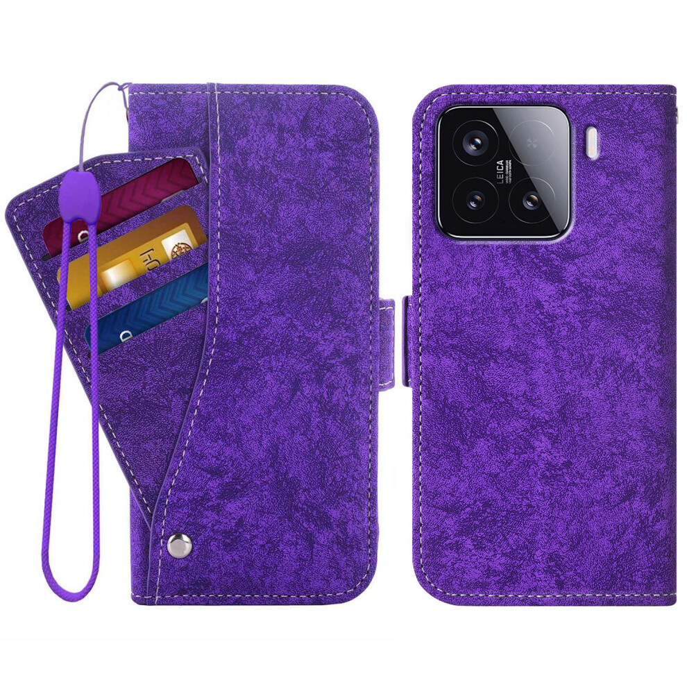 (Purple) For Xiaomi 15 Case Water-Ink Painting Wallet Pu Leathe Phone Cover With Rotating Card Slots Purple 6914293020734
