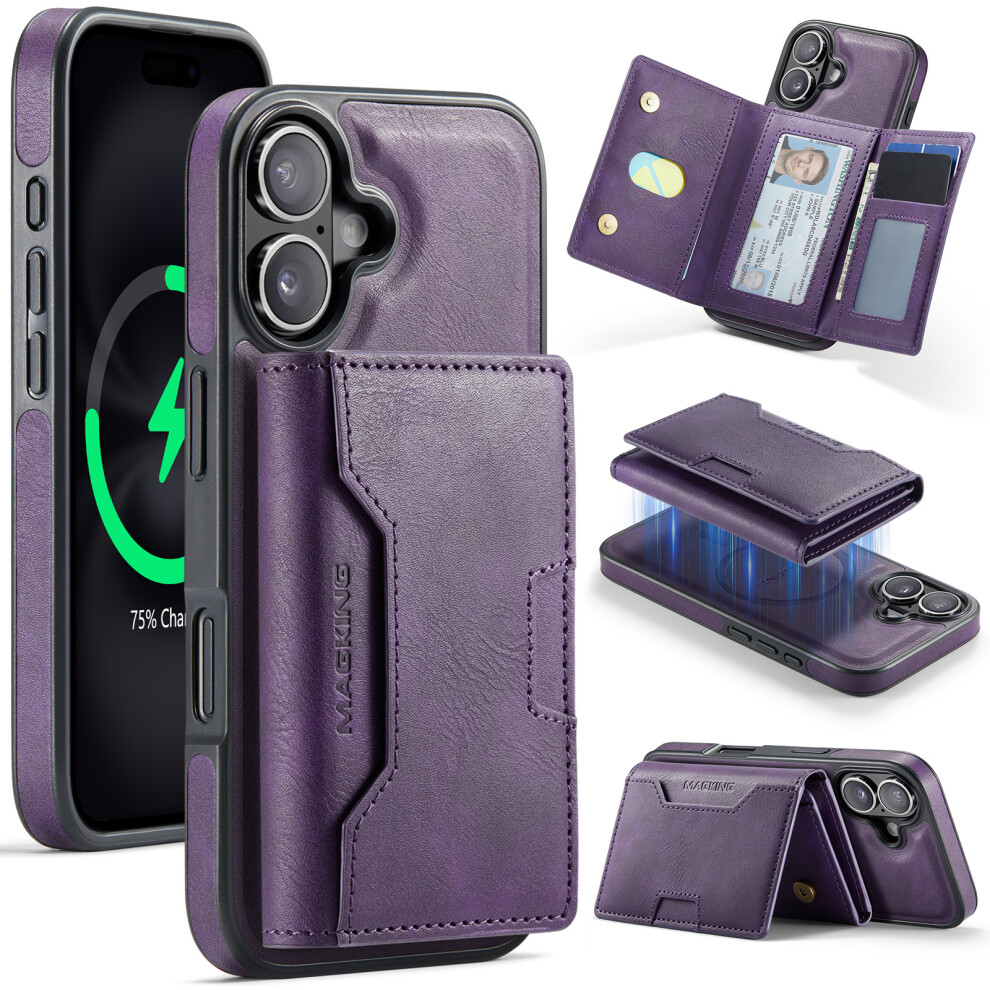 (Purple) Magking K4 Series For Iphone 16 Case Compatible With Magsafe Detachable Wallet Pu Tpu Pc Phone Cover Purple 6914296908497