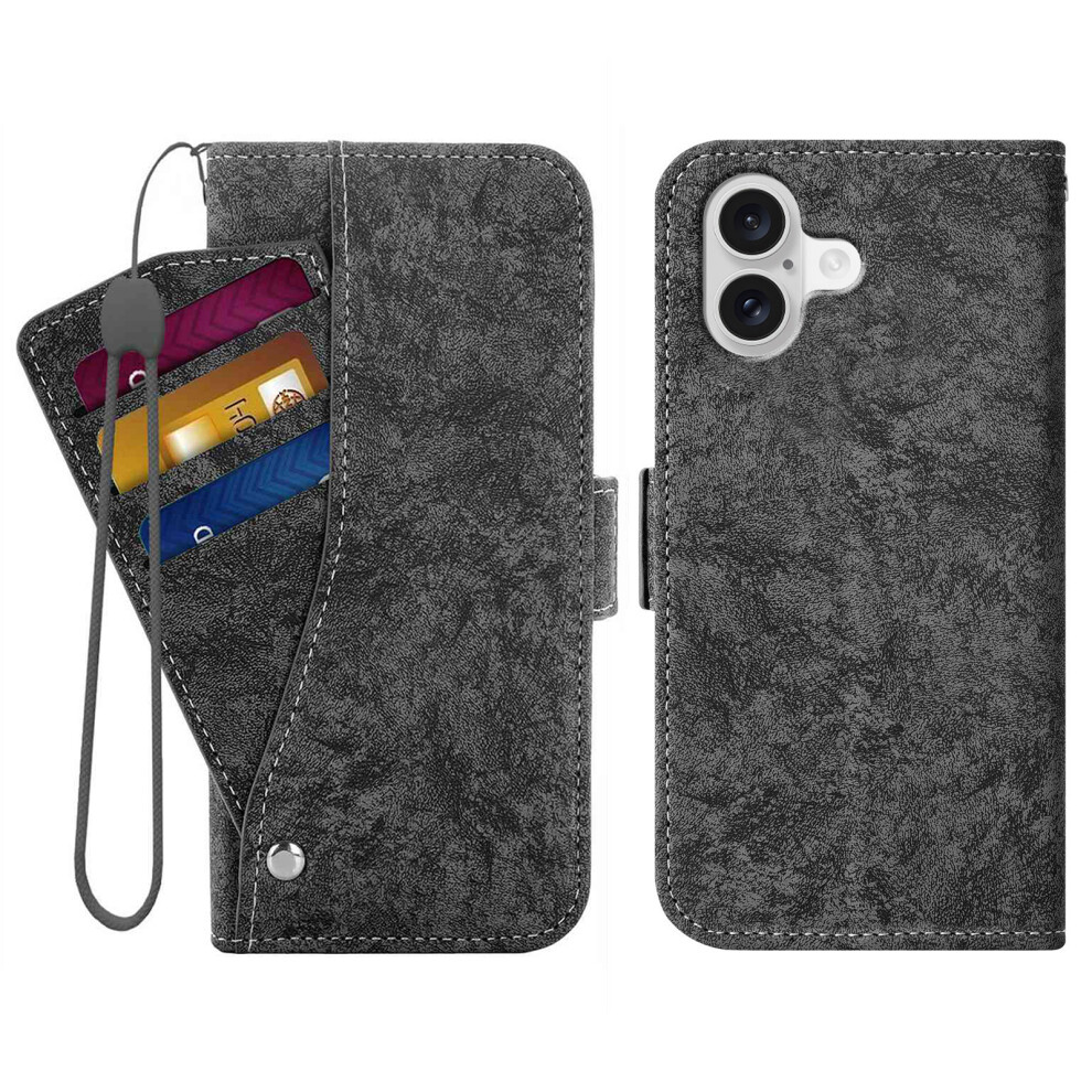 (Black) For Iphone 16 Case Water-Ink Painting Wallet Pu Leathe Phone Cover With Rotating Card Slots Black 6914296759952