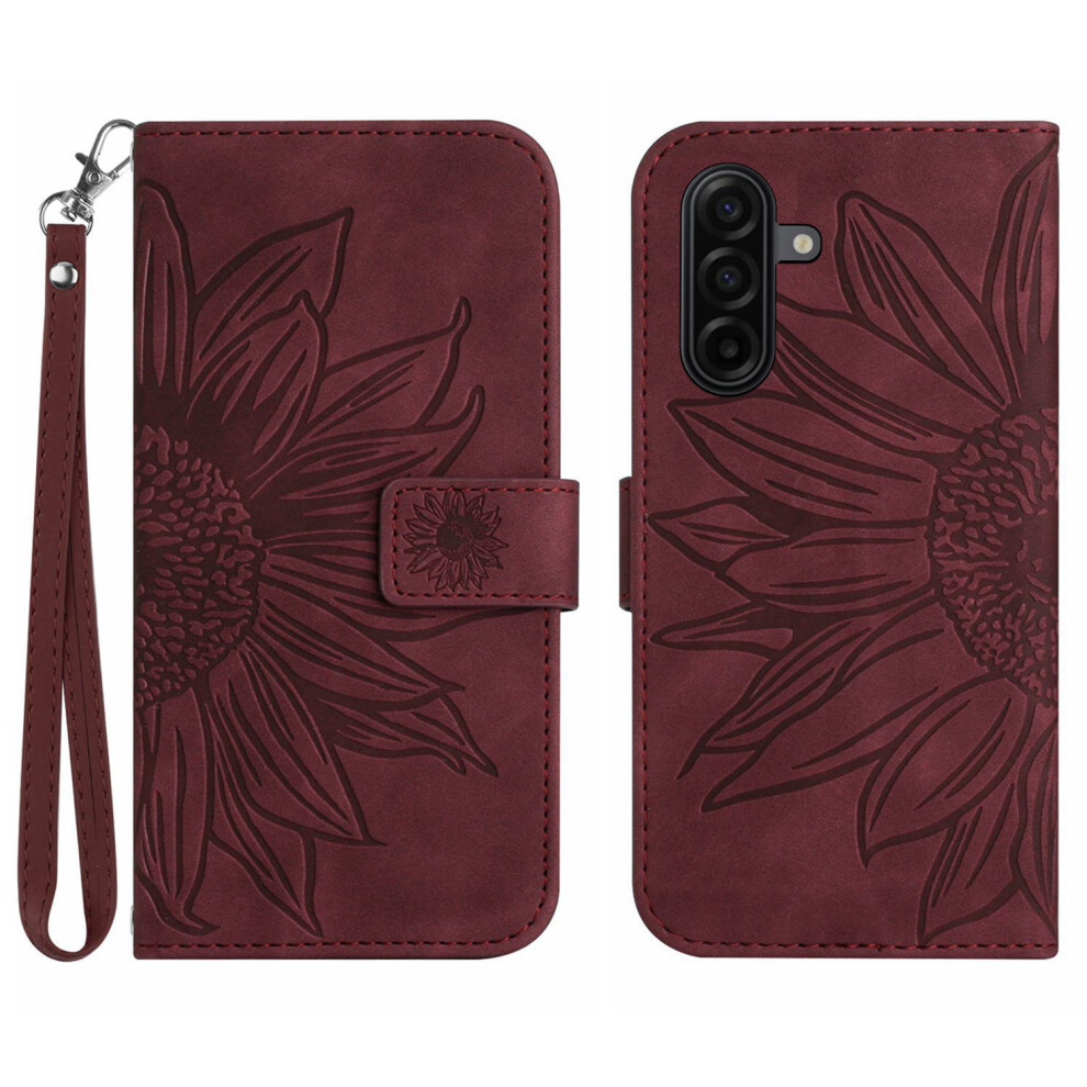 (Wine ) For Samsung Galaxy S26 Case Sunflower Imprint Leather Wallet Phone Cover With Wrist Strap Red 6914292213007