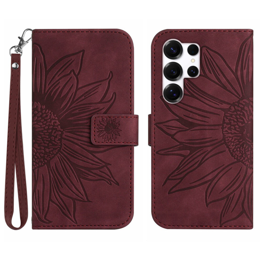 (Wine ) For Samsung Galaxy S26 Ultra Case Sunflower Imprint Leather Wallet Phone Cover With Wrist Strap Red 6914295475617