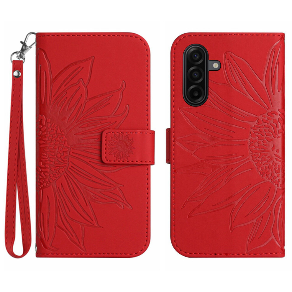 (Red) For Samsung Galaxy S26 Case Sunflower Imprint Leather Wallet Phone Cover With Wrist Strap Red 6914299250630