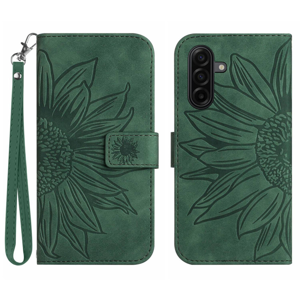 (Dark ) For Samsung Galaxy S26 Case Sunflower Imprint Leather Wallet Phone Cover With Wrist Strap Green 6914292021800